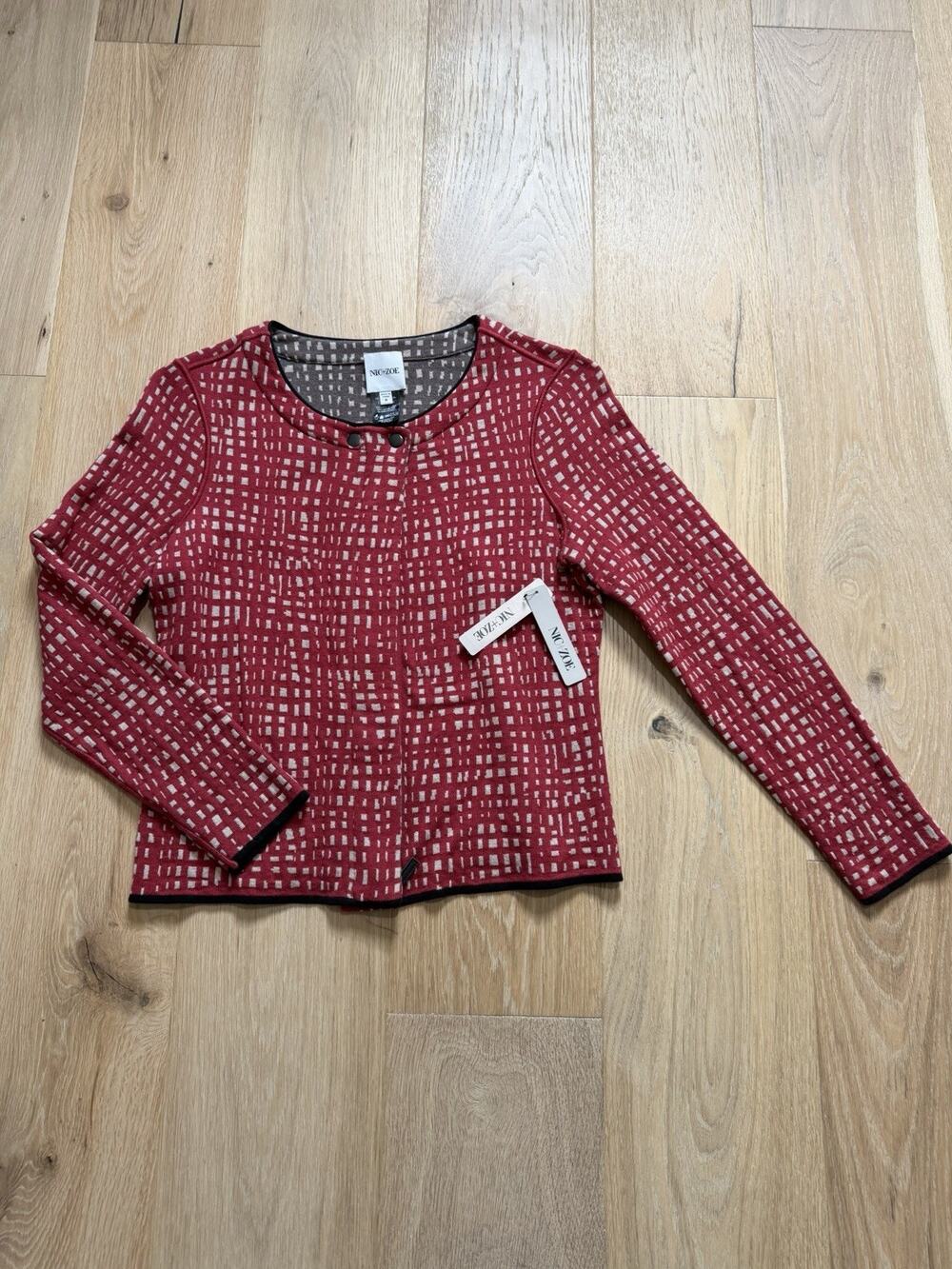 NWT Nic+Zoe Red Tan Checker Round Neck Zipper Cardigan BLAZER Jacket S Preppy